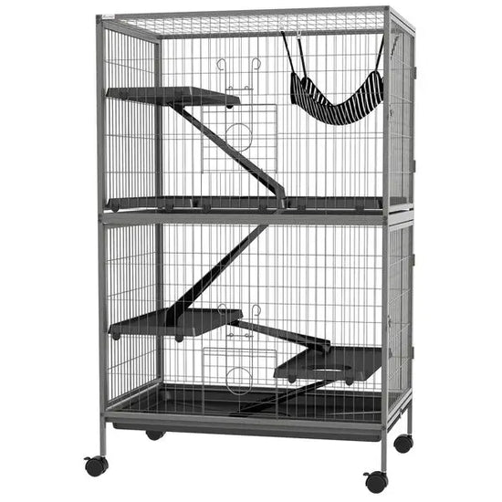 PawHut Rolling Small Animal Cage 50H with Hammock Ferret Chinchilla 4 Doors Silver