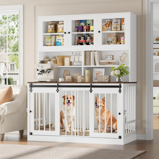 Large Dog Crate with Hutch Shelf and Glass Door